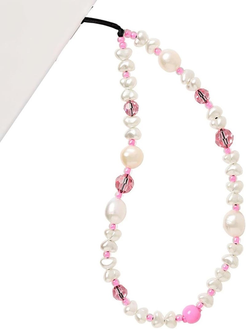 WCCH Beaded Phone Charm Y2K Kawaii Handmade Acrylic Phone Lanyard Wrist Strap for Camera Bag Airpods Keychain Charm Pink White Pearl - Image 1